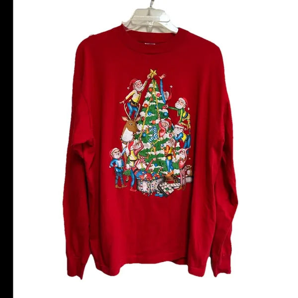 Fruit of the Loom Vintage Christmas T-Shirt Size XL Long Sleeve Santa Graphic Print Red USA - Image 5