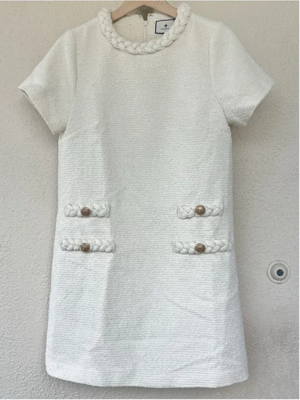 Tuckernuck Pearl White Tweed Jackie Mini Dress M Old Money Preppy Pockets Thick - Image 6