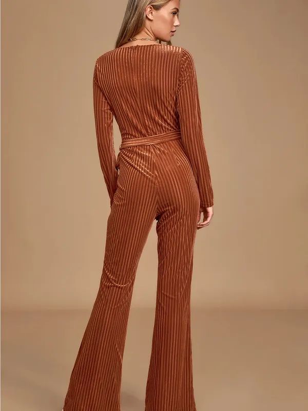 Striking a Pose Rust Orange Velvet Striped Long Sleeve Jumpsuit Size Small - Image 7