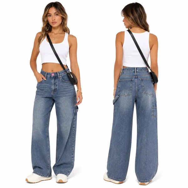 Edikted Wide Leg Carpenter Medium Wash Jeans Size M - Image 2