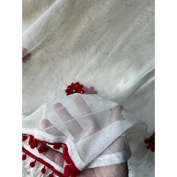 Delicate Floral Embroidered Shawl with Pom-Pom Trim - Image 4
