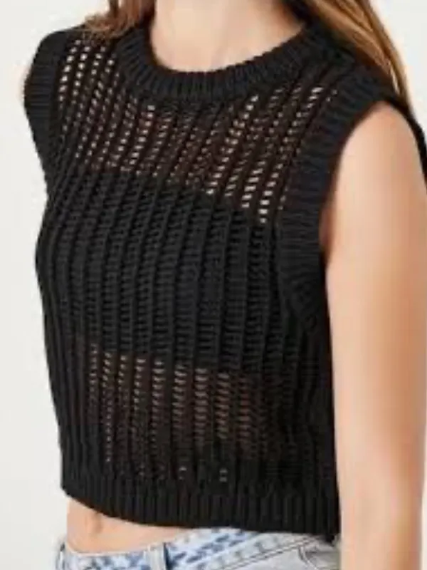 Zara Black Open-Knit Top Crochet Vest Cropped Layering Casual Women’s Size Small - Image 4