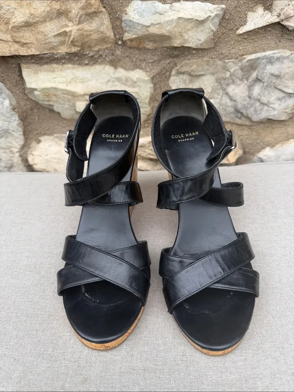 Cole Haan Black Leather Cork Wedge Sandals size 8 - Image 2