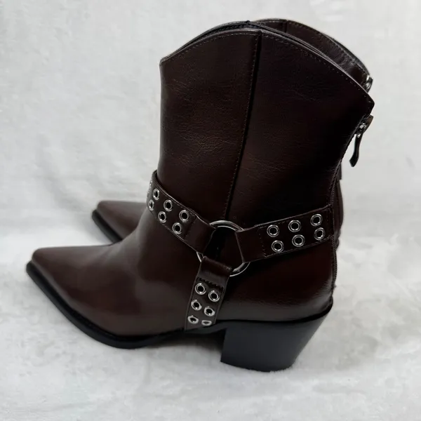 Lulus Dark‎ Brown Faux Leather Harness Western Ankle Boots Pointed Toe Zip 8 - Image 8