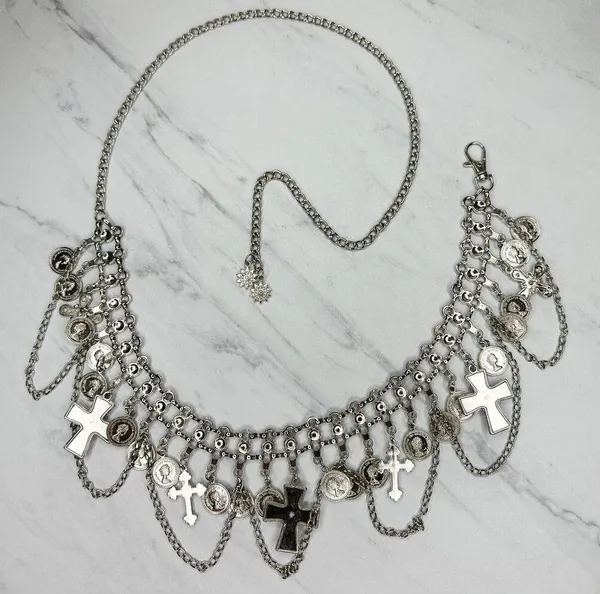 Rhinestone Cross and Coin Charm Silver Tone Metal Chain Link Belt OS One Size - Image 2