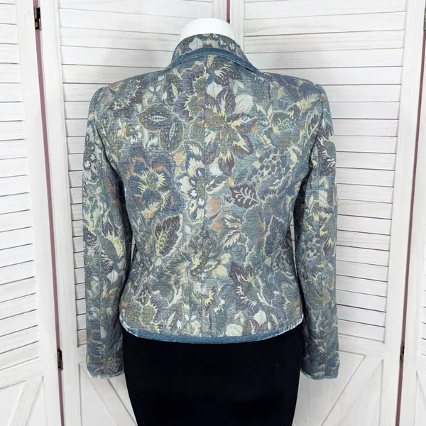 Vintage Talbots Blazer Women XL Blue Floral‎ Brocade Velvet Trim Jacket Boho - Image 5