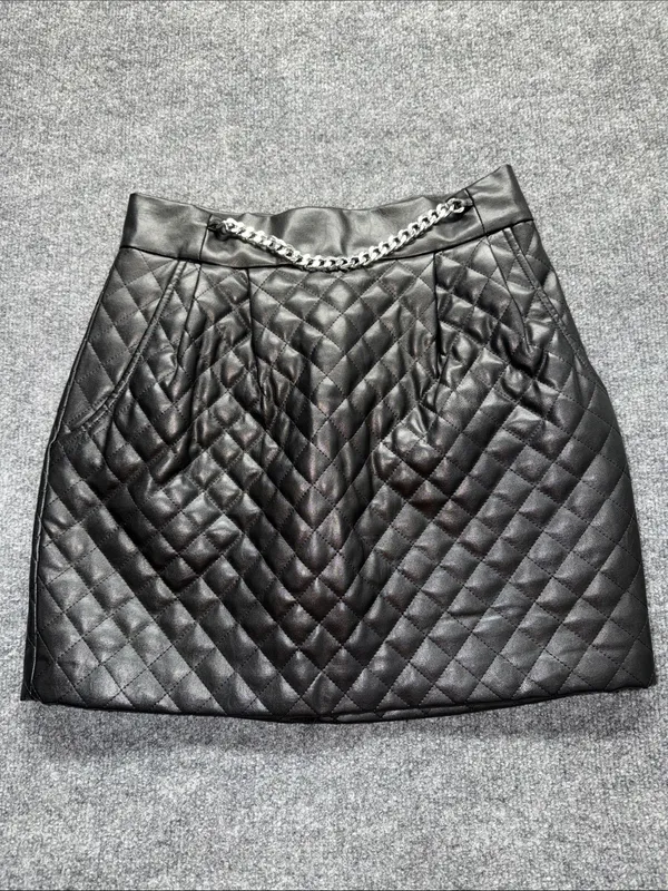 Amanda Uprichard Quilted Faux Leather Mini Skirt in Black with Silver Chain - Image 2