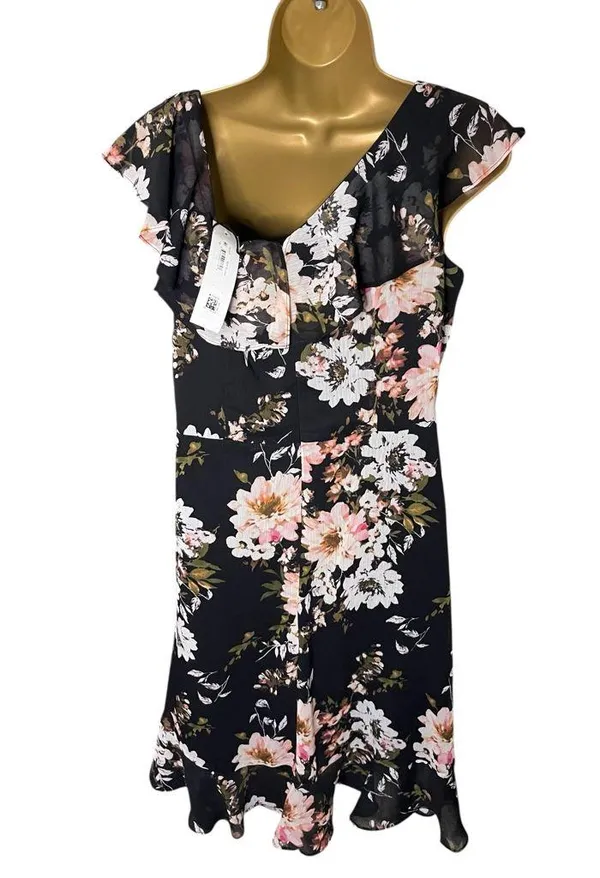 London Times Petites Floral Ruffle Trim Faux Wrap Dress Black Blush 10P - Image 3