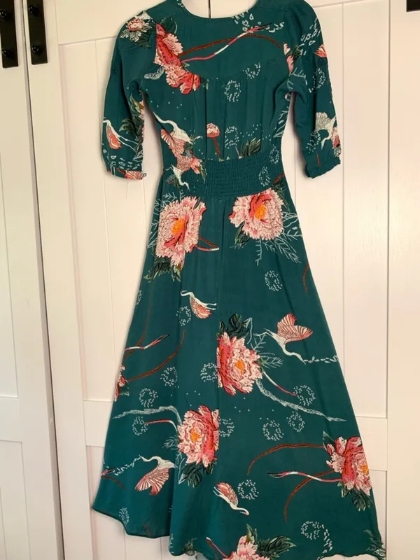 Jaase Maxi Dress XS Teal Floral Boho Autumn Wedding Guest Smocked V-Neck - Image 10