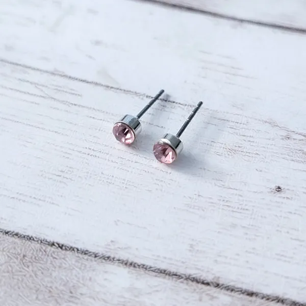 Round Pink Gem & Silver Tone Stud Earrings 1/8" Small - Fair Condition - Image 2