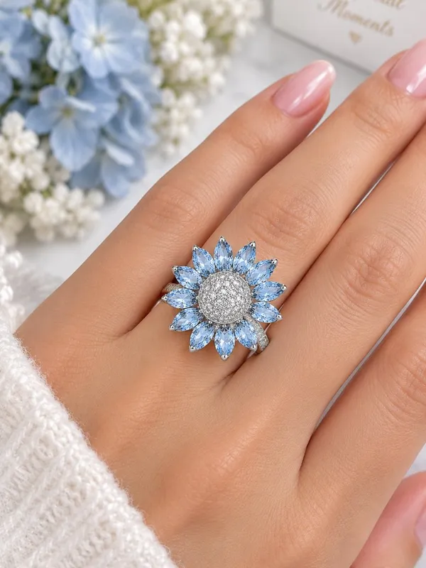 Sunflower Statement Ring Blue CZ Crystal Petals Silver Tone Size 8 NWT - Image 4
