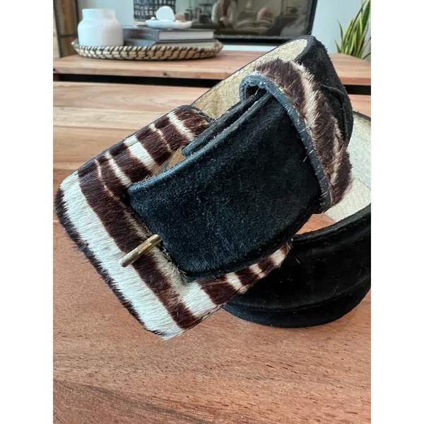 90's vintage L belt calf hair suede black animal print zebra women's wide - Image 3