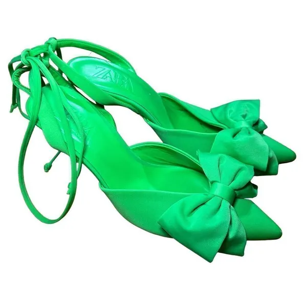 Zara Green Slingback High Heel Shoes With Bow‎ Sz 37 / 6.5 - Image 3