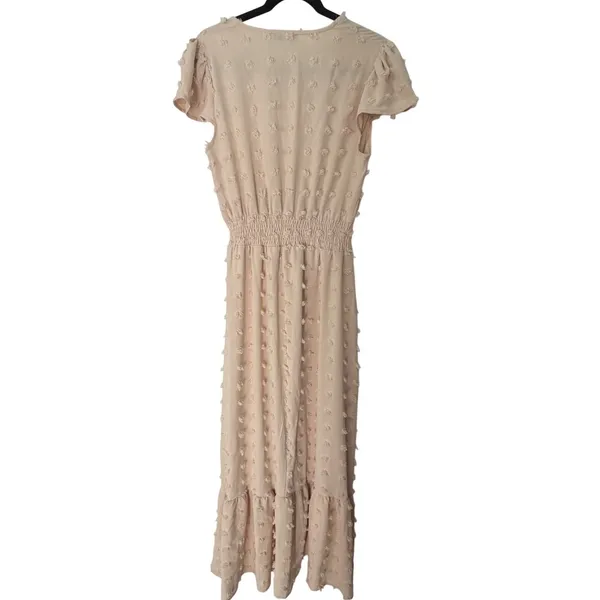 PrettyGarden Women Beige Swiss Dot Smocked Waist V-Neck Ruffle Midi Dress Medium - Image 3