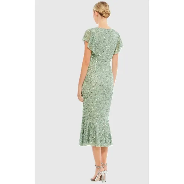 NWT $398 Mac Duggal Sequin‎ Midi Dress 2 Sage Green Flutter Sleeve Trumpet 10801 - Image 2