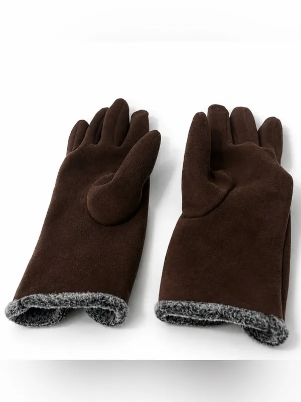ONE SIZE Brown Faux Suede Fleece Lined Winter Gloves Button Cuff - Image 3