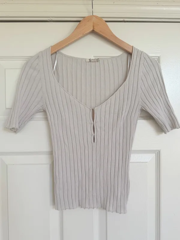 Free People Ribbed Sweetheart Cottage‎ Short Sleeve Scoop Neck Top Ivory Sand S - Image 2