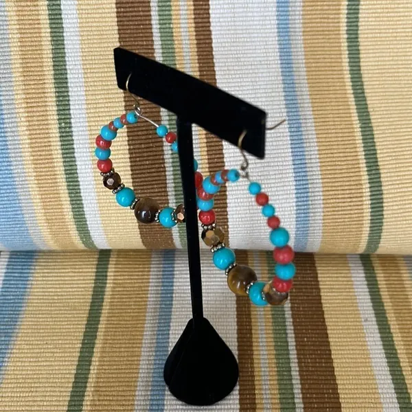 Chunky Turquoise Orange Beaded Rustic Necklace and Earrings Bohemian Jewelry Set - Image 6