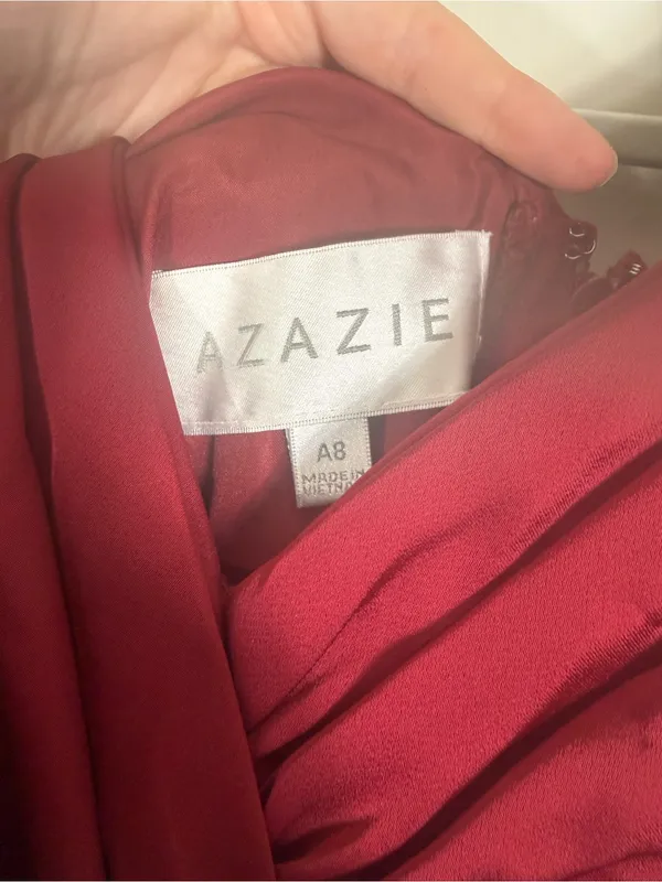 Azazie Pamela Burgundy Red A-Line Pleated Stretch Satin Dress - Image 8