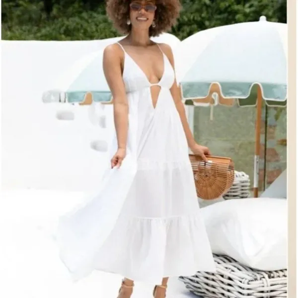 SNDYS Indigo Dress Womans XL White Maxi Plunging Neckline Summer Flowy NEW‎ - Image 2