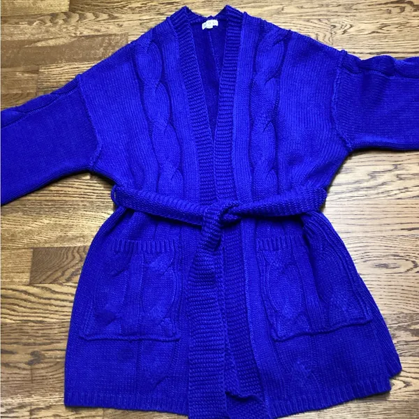 POL chunky cable knit sweater Long open front Belted cardigan Royal Size M/… - Image 2