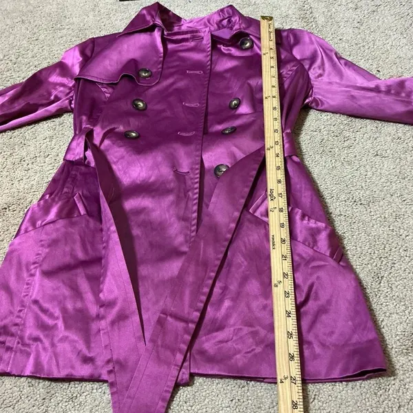 BCX Double Breasted Belted Trench Coat Jacket‎ Women's Size M Purple Satin Look - Image 5