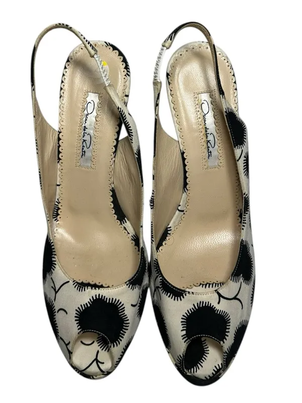Oscar de la Renta Women’s 37.5 7.5 Black Cream Floral Slingback Platform Wedges - Image 4