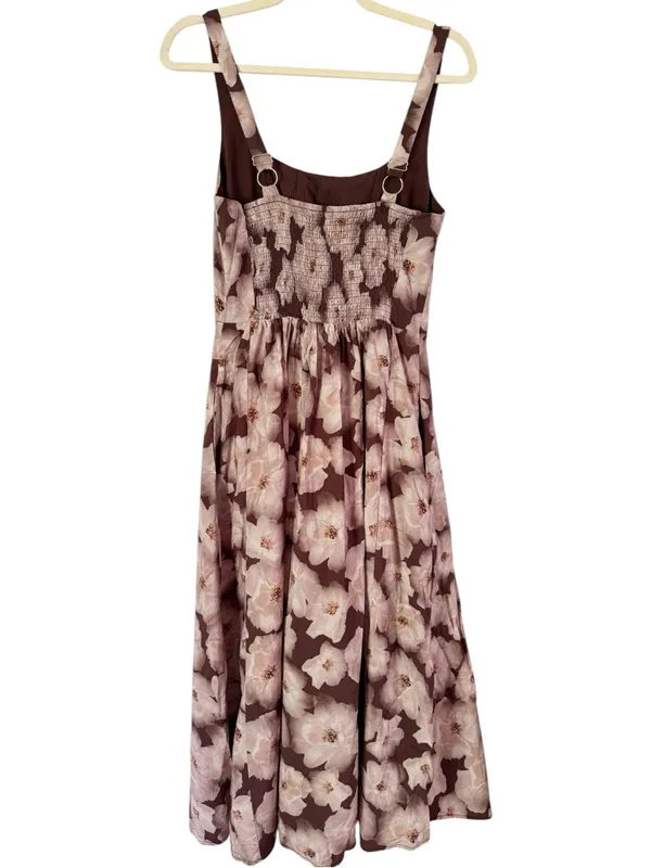 Melloday Brown Floral Tencel Blend Smocked Midi Dress Size Small - Image 3