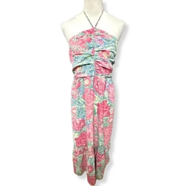 Lush Floral Hatler Midi Dress Pink Green Botanical Print Dress L NWT Beach Ready - Image 2