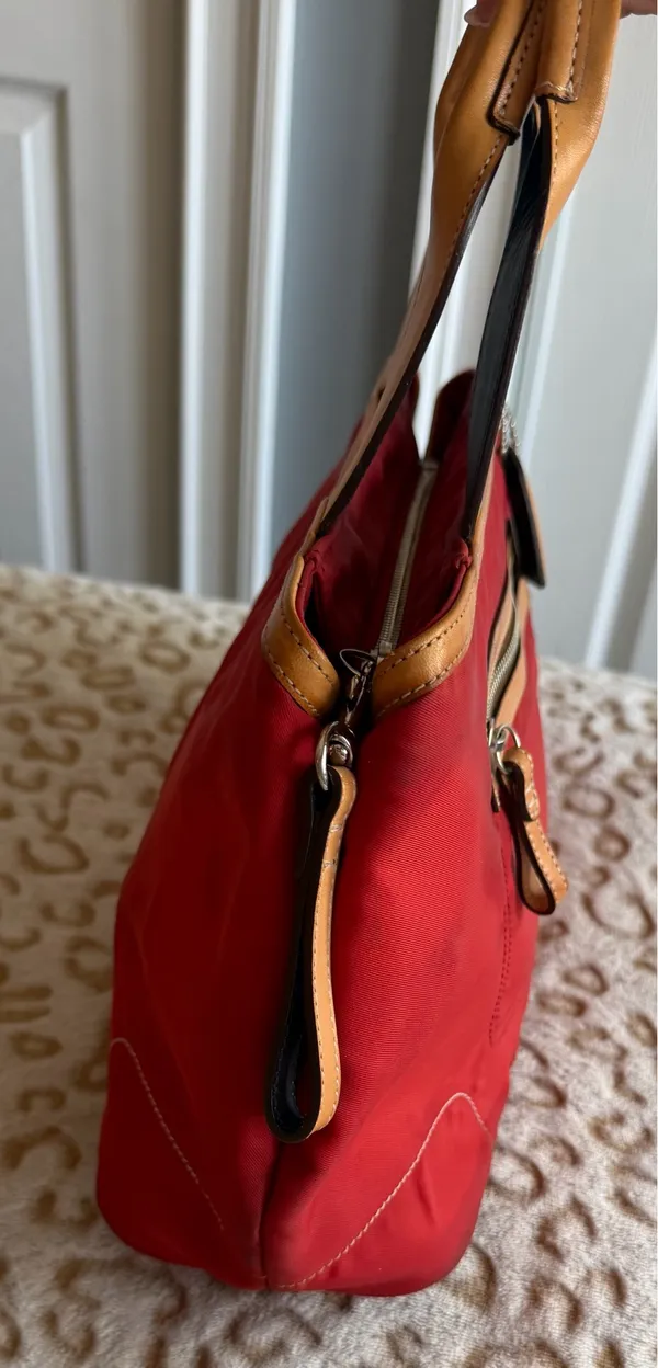 Coach Hampton Red Nylon Tote with Tan Leather Strap Handbag Women's - Image 4