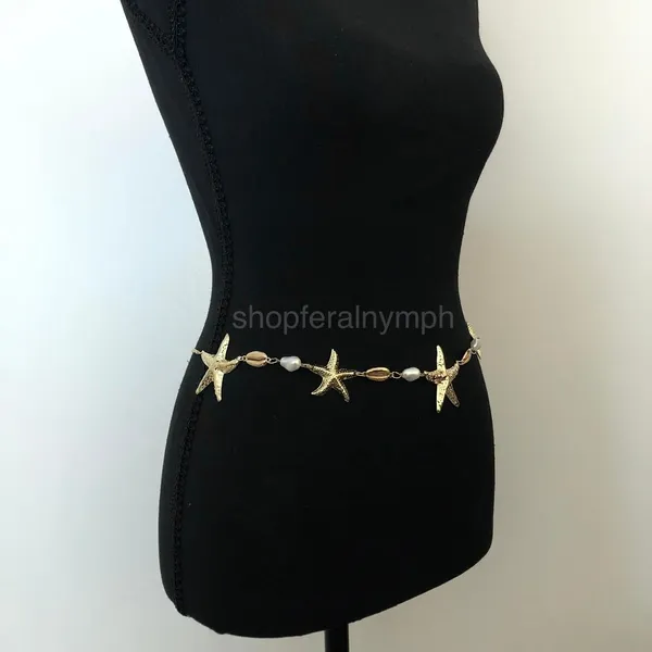 Y2K Mermaidcore Gold Starfish Shell Chain Belt, Fits 24–38 Inches, X7GA1157 - Image 5