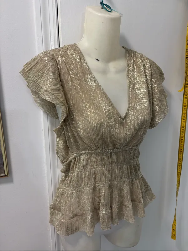 Anthropologie Smocked Metallic Gold Short-Sleeve Top - Image 2