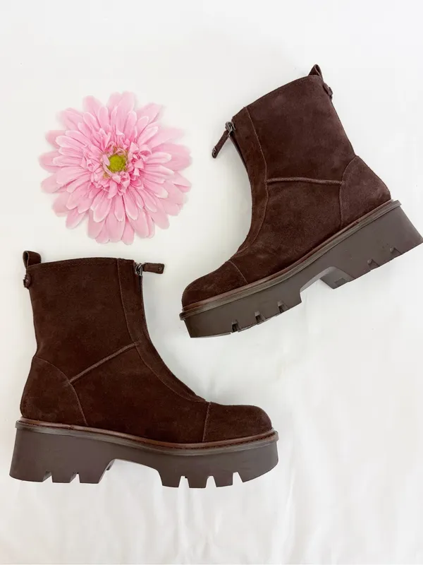 Sam Edelman Cooper Lug Sole Bootie Ankle Boots Chocolate Brown Suede Leather Zip - Image 3