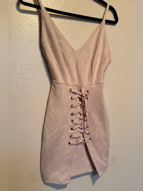 Nude Faux Suede Lace Up Bodycon Mini Dress | Blush Pink | Corset Detail | Small - Image 4