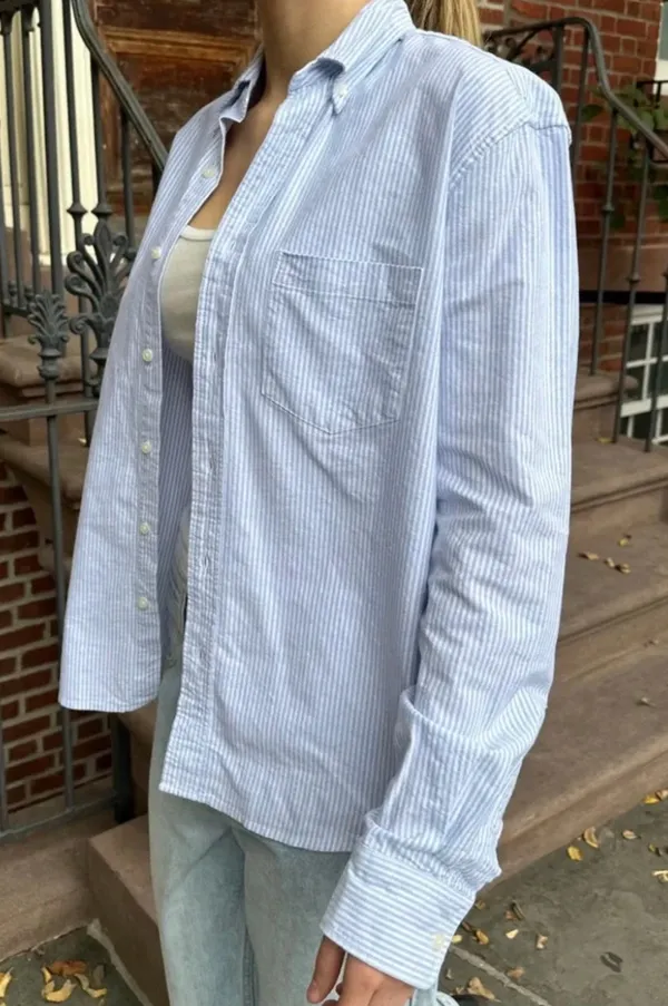 Brandy Melville Stephanie Long Sleeve Striped Button Down Shirt Blue M - Image 2