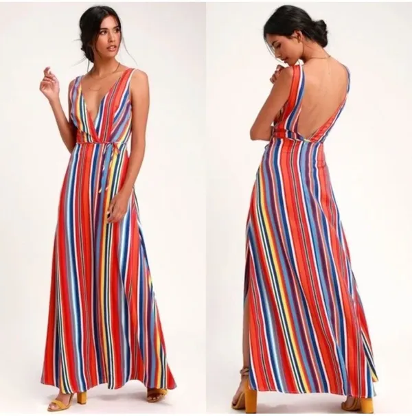 Lulus Elianna Rainbow Stripe Backless Maxi Dress $70 S - Image 3