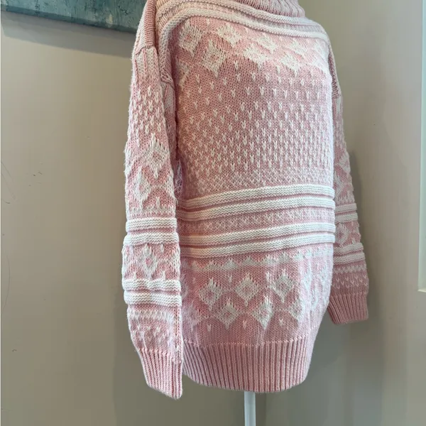 Vintage Gantos Pink, White Chunky Knit Turtleneck Sweater Barbiecore Soft Girl M - Image 2