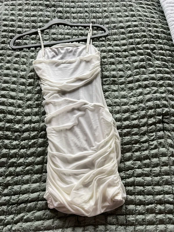White Ruched Spaghetti Strap Mini Dress - Image 2