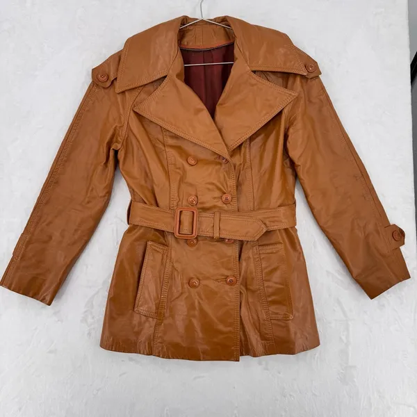 Vintage 70s Leather Jacket Brown Double Breasted Belted Union Made in USA Retro - Image 2