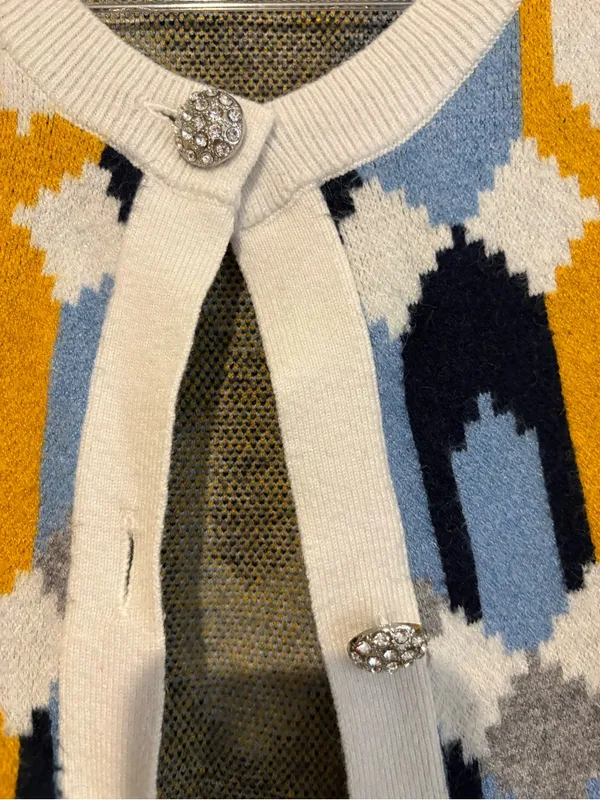 Savida Geometric button front Cardigan yellow blue white medium - Image 4