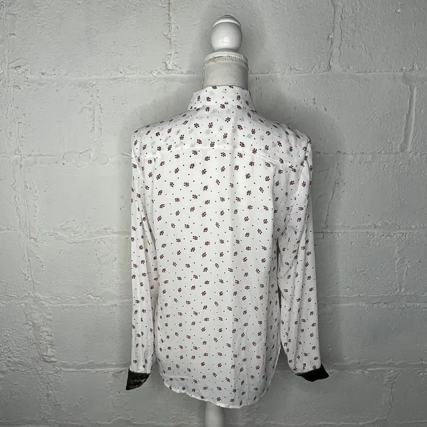 Loft Women's White‎ Red Green Berry Velvet Cuff Button Blouse Size Small - Image 3