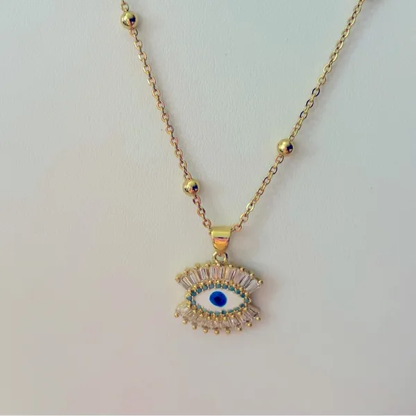 NEW‎ Handmade Evil Eye Yellow Gold Filled Simulated Diamond Necklace, 18-20” - Image 3