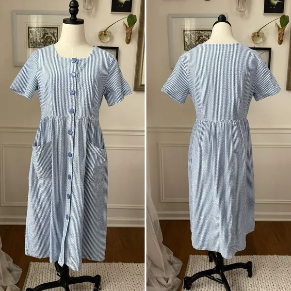 The Vermont Country Store Blue Stripe Seersucker Short Sleeve Buttonfront Dress - Image 2