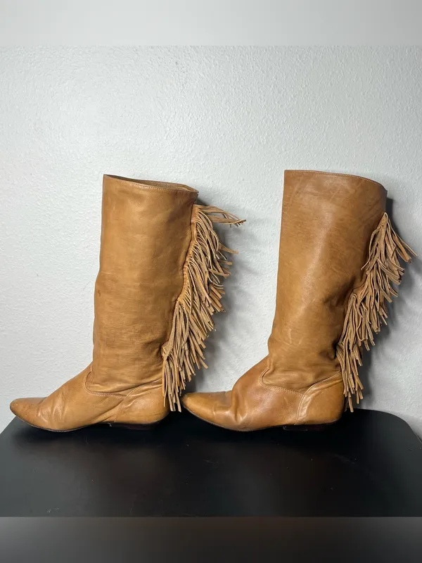 Vintage Zodiac Camel Brown Leather Fringe Trim Tall Boots Western Boho Cowgirl - Image 4