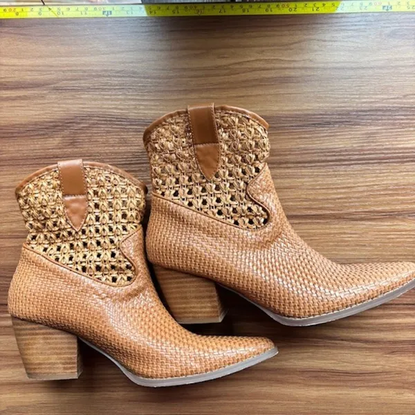 Coconuts by Matisse Kelly 7.5 Tan Woven Western Ankle Boots Pointed Toe Boho - Image 3