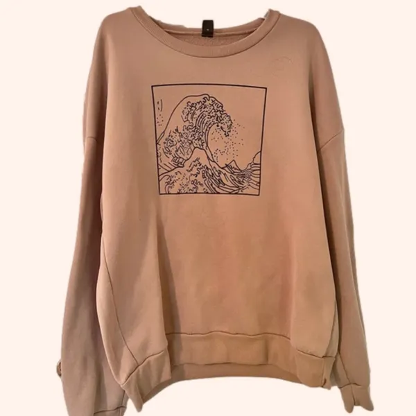 SHEIN Great Waves Khaki Graphic Printed Oversized Fleece Sweatshirt - Image 2