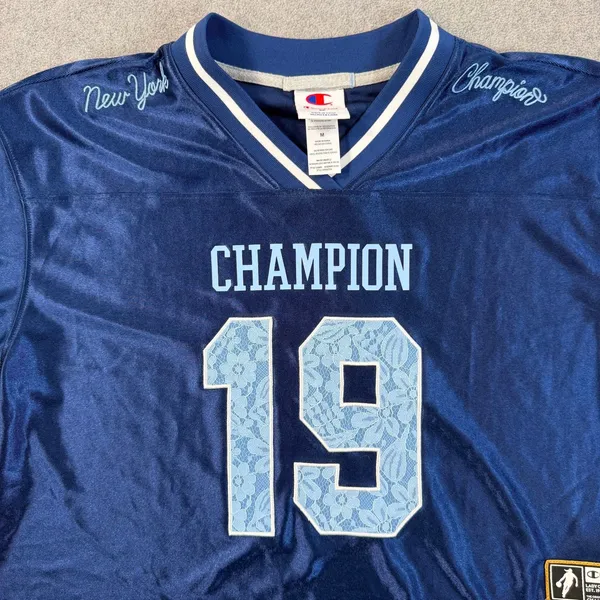 Champion New York 19 Cropped Football Jersey Top Women's Medium Blue Lace - Image 3