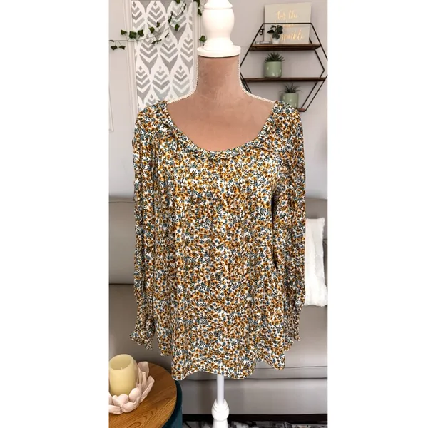 Max Studio Boho Floral Blouse Ruched Cuff Shirt Long Sleeve Chiffon Women’s Sz L - Image 3