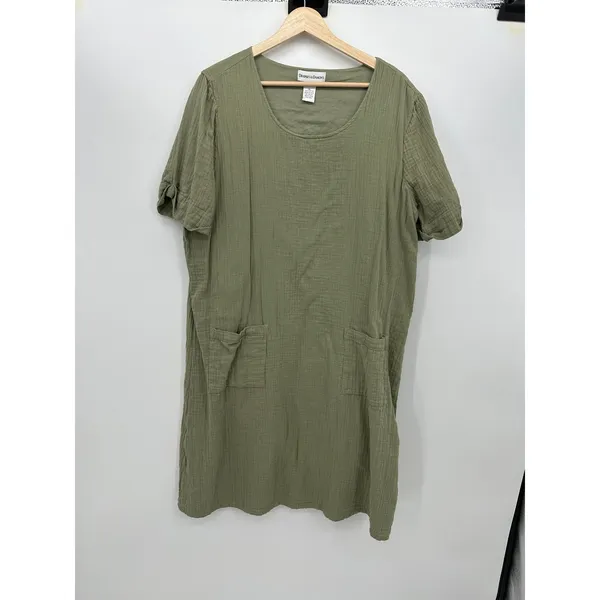 Draper's & Damon's Olive Green Cotton Gauze Pocket Shift Dress XL Lagenlook - Image 2