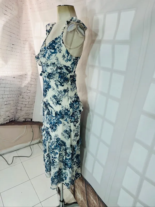 O.P.T Blue White Ingrid Floral Ruffle V-Neck Sleeveless Tiered Midi Dress Sz XS - Image 5